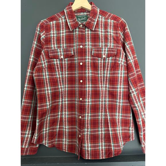 Woolrich Red Green White Plaid Pearl Snap Button Cotton Blouse Shirt Size Medium - Picture 3 of 10